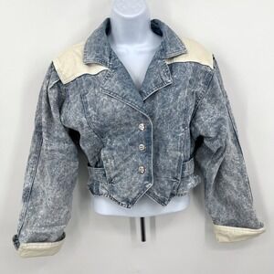 Vintage 80s Debs Shop Acid Wash Denim Jacket Colorblock Puffed Sleeve Tapered M